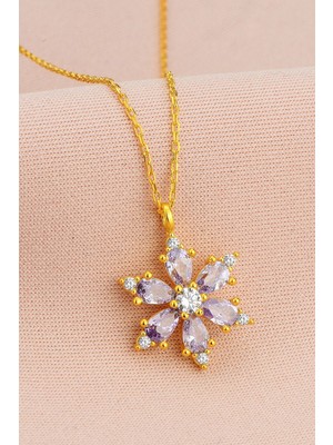 Nkie Jewels Altın Renk Lila Damla Taşlı Lotus Kamelya Çiçeği Çelik Kolye - 3415