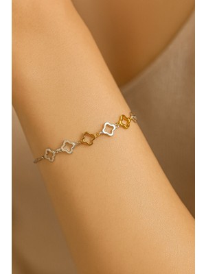 Nkie Jewels Gümüş Renk Van Cleef Zincir Sarı Beyaz Asansör Çelik Bileklik - 3622