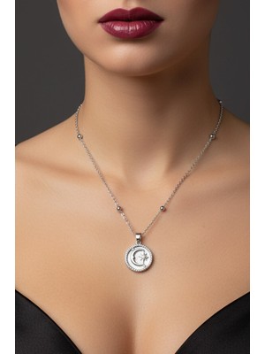 Nkie Jewels Gümüş Renk Beyaz Mineli Ay Yıldız Model Top Zincir Çelik Kolye - 3775