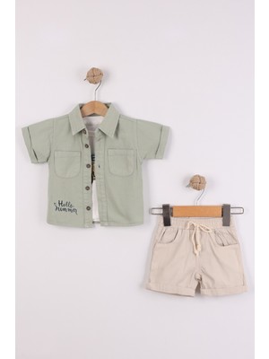 Joy Kids Erkek Bebek Premium Gömlekli Alt Üst Keten Takım %100 Pamuk (6-24AY) (Yeşil)