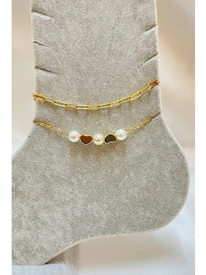 Nkie Jewels Altın Renk Incili Kalp Model Ezme ve Sf Zincir Çelik Halhal - 3293