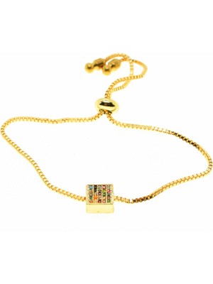 Nkie Jewels Altın Renk Renkli Taş Kare Model Asansör Zirkon Bileklik - 2042