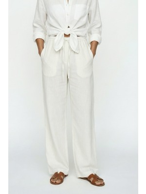 Greymoor Beyaz Kadın Keten Karışımlı Yüksek Bel Bol Paça Palazzo Pantolon