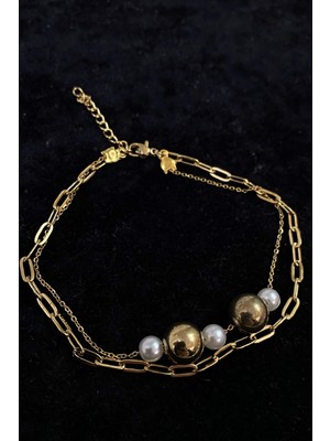 Nkie Jewels Altın Renk Inci Küre Model Sf ve Ezme Zincir Çelik Halhal - 3229