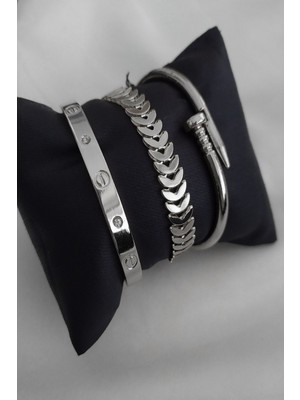 Nkie Jewels Kombin Kadın Gümüş Kaplama Taşlı Kartier Model Kılçık ve Çivi Model Kombin Bileklik - 958