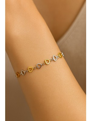 Nkie Jewels Gümüş Renk Içi Boş Kalp Zincir Sarı Beyaz Asansör Çelik Bileklik - 3623