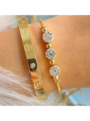 Nkie Jewels Altın Renk Kombin Bileklik Seti Cartier Taşlı Bileklik ve Zirkon Macun Bileklik - 1034