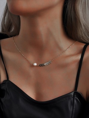 Nkie Jewels Gümüş Renk Kılçık ve Incili  Şık Boyun ve Sırt Kolyesi Altın Kaplama - 2107
