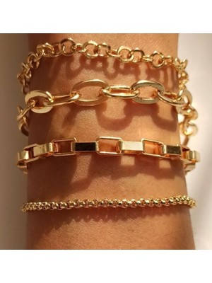 Nkie Jewels Kadın Altın Dörtlü Düz Kombin Zincir Bileklik