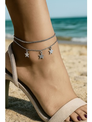 Nkie Jewels Gümüş Renk Asansör Sf 3 Lü Yıldız Çelik Halhal - 3476