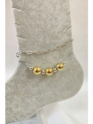 Nkie Jewels Gümüş Renk Küre Model Ezme ve Top Zincir Çelik Halhal - 3283