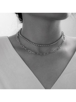 Nkie Jewels Gümüş Rengi  Katmanlı Şık Kolye Top Zincir Ezme Zincir Kolye