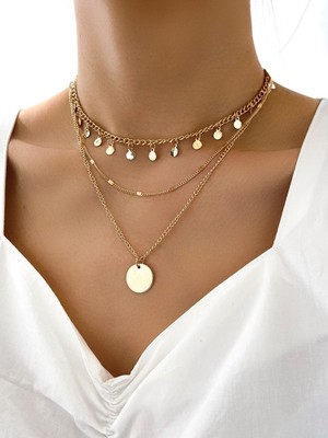 Nkie Jewels Yuvarlak Detaylı Pullu Çok Katmanlı Altın Renk Kolye