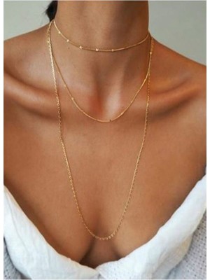 Nkie Jewels Kadın Üçlü Şeri Zincir Kolye Gold Kaplama Katmanlı Kolye Choker Uzun Çoklu Kolye