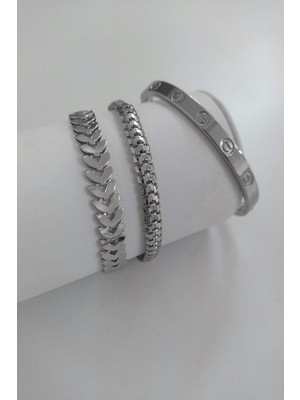 Nkie Jewels Kadın Gümüş  Renk Kılçık Model Tırtıl Model Düz Kartier Model  Kararmaz Kombin Bileklik 955