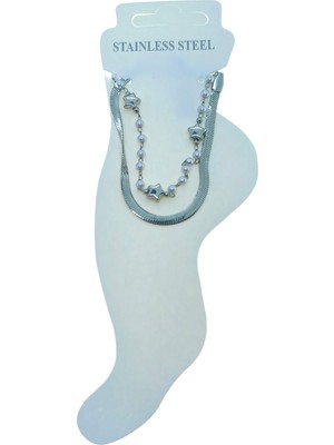 Nkie Jewels Gümüş Renk Italyan Yıldız Sıra Inci Çelik Halhal - 3498