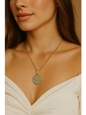 Nkie Jewels Altın Renk Yeşil Mine Yuvarlak Güneş Asansör Zincir Çelik Kolye - 3639
