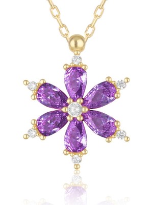 Nkie Jewels Altın Renk Mor Damla Taşlı Lotus Kamelya Çiçeği Çelik Kolye - 3418