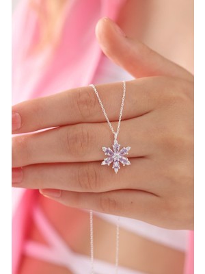 Nkie Jewels Gümüş Renk Lila Damla Taşlı Lotus Kamelya Çiçeği Çelik Kolye - 3416
