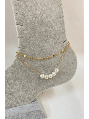 Nkie Jewels Altın Renk Beş Incili Model Singapur ve Sf Zincir Çelik Halhal - 3226