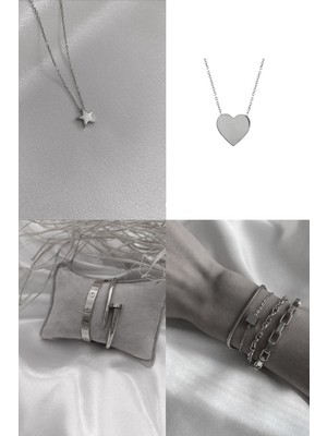 Nkie Jewels Gümüş Renk Kombin Kalp Kolye Yıldız Kolye Kartier Çivi Bileklik ve Küp Kombin Bileklik - 2277