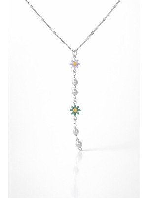 Nkie Jewels Gümüş  Renk Ezme Zincir Çiçek Inci Ye Model Çelik Kolye - 3838