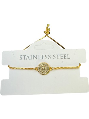 Nkie Jewels Altın Renk Yuvarlak Beyaz Taş Asansör Çelik Bileklik - 3585