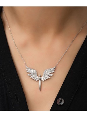 Nkie Jewels Gümüş Renk Mikail Meleği Kanatlı Beyaz Taşlı Zirkon Kolye - 1076