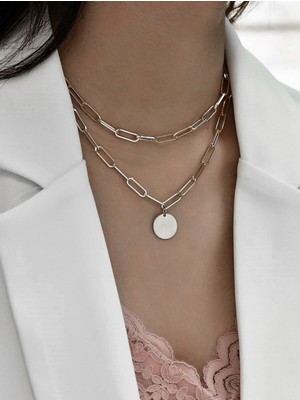 Nkie Jewels Gümüş Renk Dikdörtgen Zincir Yuvarlak Pul Charm Katmanlı Kolye - 2106