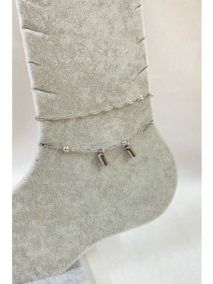 Nkie Jewels Gümüş Renk Boru Model Singapur  ve Top  Zincir Çelik Halhal - 3265