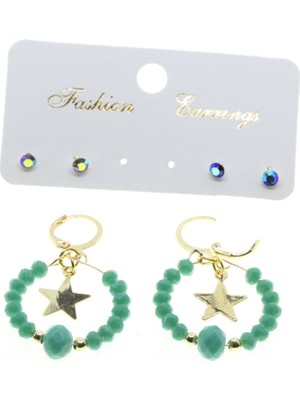 Nkie Jewels Altın Renk Yuvarlak Yıldız Kombin Yeşil Boncuk Küpe - 2865