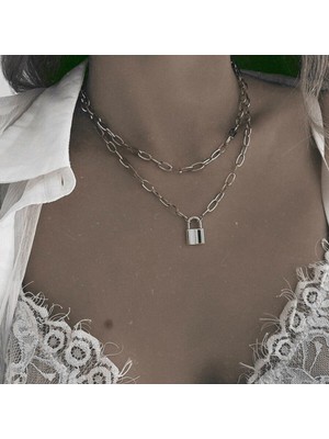 Nkie Jewels Gümüş Rengi Gerdanlık Kolye Kadınlar Için 2 Katlı Sevimli Dikdörtgen Zincir  Kilit Kolye