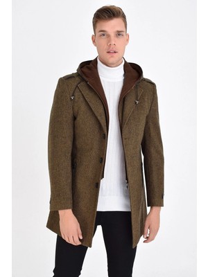 Dynamo Erkek Taba Yün Karışımlı Desenli Kaşe Kapüşonlu Önü Fermuarlı ve Düğmeli Kaban 9160