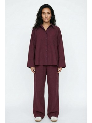 Greymoor Bordo Kadın Tensel Oversize Fit Düğmeli Gömlek Bol Paça Pantolon Ikili Takım