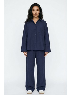 Greymoor Lacivert Kadın Tensel Oversize Fit Düğmeli Gömlek Bol Paça Pantolon Ikili Takım