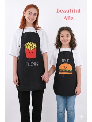 Sevilya Beautiful Aile Sıvı Geçirmez Su Geçirmez Mutfak Önlüğü Yetişkin ve Çocuk Önlüğü Hamburger Siyah