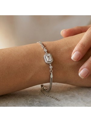 Angelviva 925 Ayar Gümüş Baget Zirkon Taşlı Halo Kadın Bileklik | Çift Zincirli Kararmaz Şık Hediye 22 cm