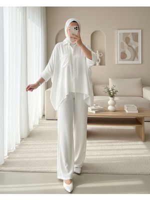 Moda Morfo Çift Cepli Yarım Yarasa Kol Salaş Gömlek Takım   -Beyaz