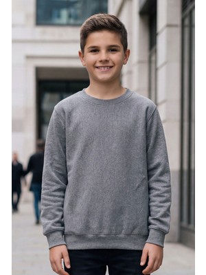 Evavi Çocuk Baskısız Düz Bisiklet Yaka Gri Sweatshirt