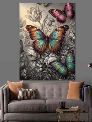 Tablomega Çiçekli Dallarda Renkli Kelebekler Illüstrasyonu Dekoratif Kanvas - Mdf Ahşap Tablo