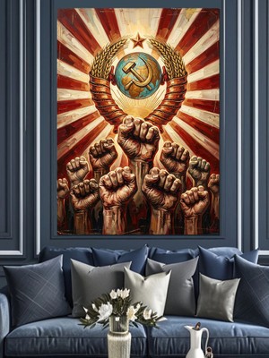 Tablomega Orak Çekiçli ve Güçlü Yumruklar Dekoratif Kanvas - Mdf Ahşap Tablo
