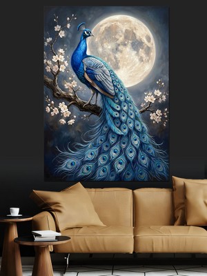 Tablomega Ay Önünde Görkemli Tavus Kuşu Dekoratif Kanvas - Mdf Ahşap Tablo
