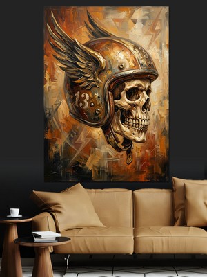 Tablomega Kanatlı Altın Kasklı Insan Kurukafası Dekoratif Kanvas - Mdf Ahşap Tablo