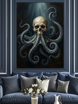 Tablomega Ahtapot Kolları Arasında Insan Kurukafası Dekoratif Kanvas - Mdf Ahşap Tablo