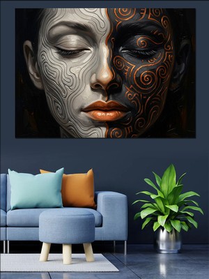 Tablomega Yarısı Desenli Modern Kadın Yüzü Dekoratif Kanvas - Mdf Ahşap Tablo