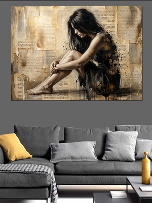 Tablomega Yerde Oturan Hüzünlü Kadın Portresi Dekoratif Kanvas - Mdf Ahşap Tablo