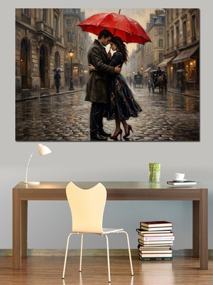 Tablomega Yağmurda Öpüşen Romantik Çift Tablosu Dekoratif Kanvas - Mdf Ahşap Tablo