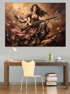 Tablomega Tüfekli ve Pelerinli Savaşçı Kadın Dekoratif Kanvas - Mdf Ahşap Tablo