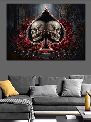 Tablomega Maça Sembolü Içinde Çifte Kurukafa Dekoratif Kanvas - Mdf Ahşap Tablo