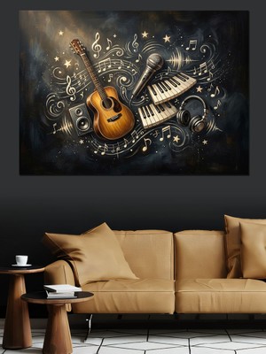 Tablomega Yıldızlar Altında Gitar ve Piyano Dekoratif Kanvas - Mdf Ahşap Tablo